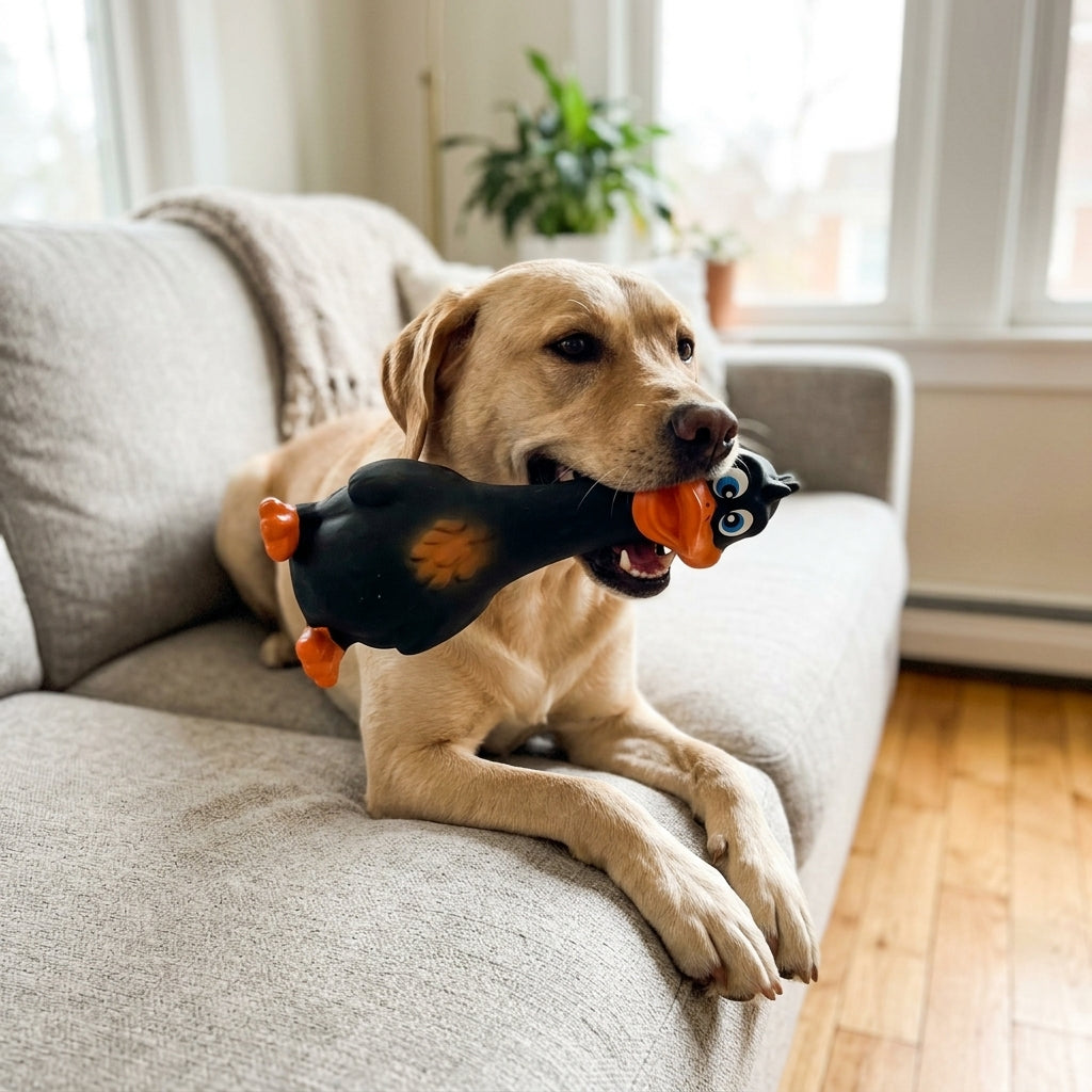 Labrador relaxing on a grey sofa holding the black Screaming Duck chew toy