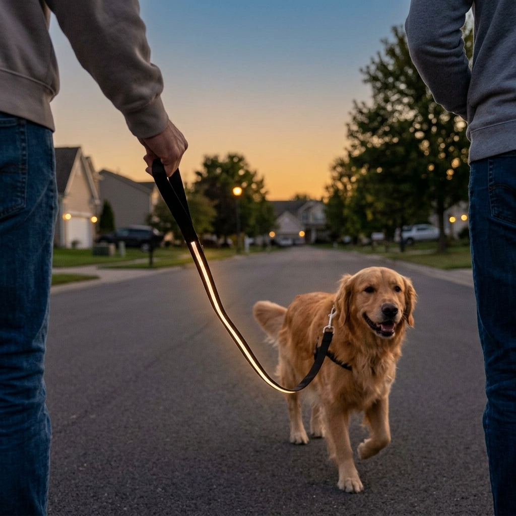 Person walking a golden retriever at dusk on the Glow Getter light-up dog leash, its LED strip glowing