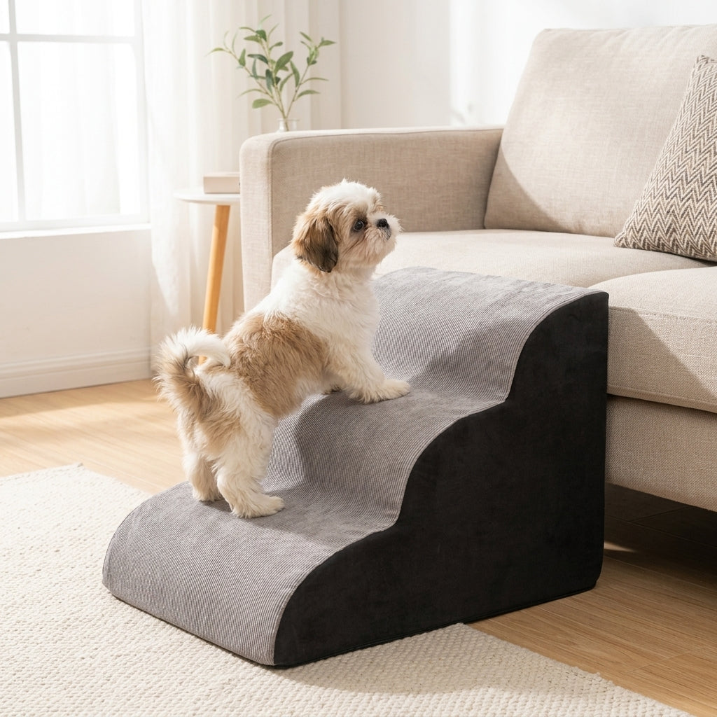 Small fluffy dog about to climb the grey Sunday Sofa Steps beside a cream sofa